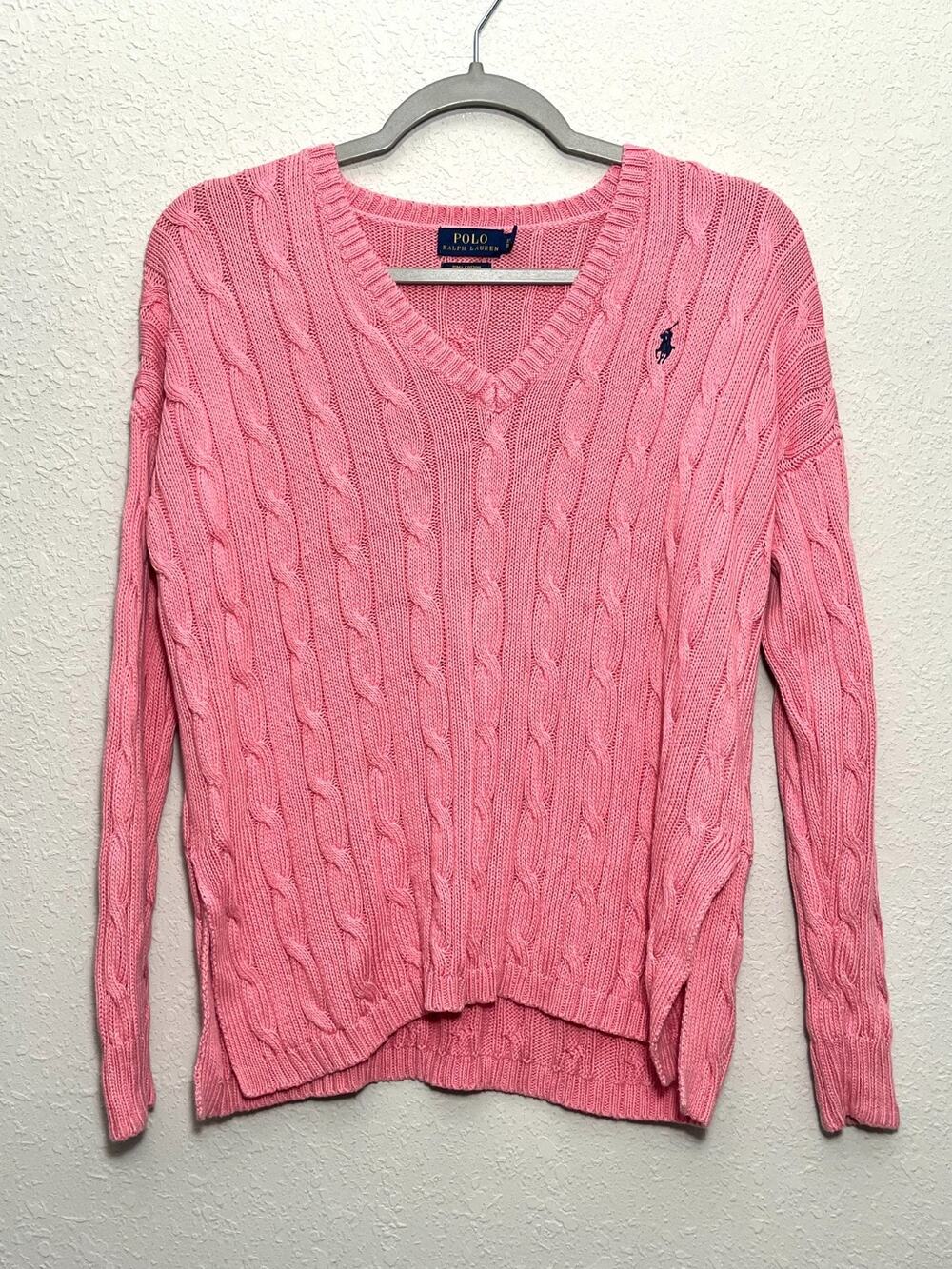 Polo Ralph Lauren Pink Pima Cotton Cable Knit Pullover V Neck Sweater XS Preppy